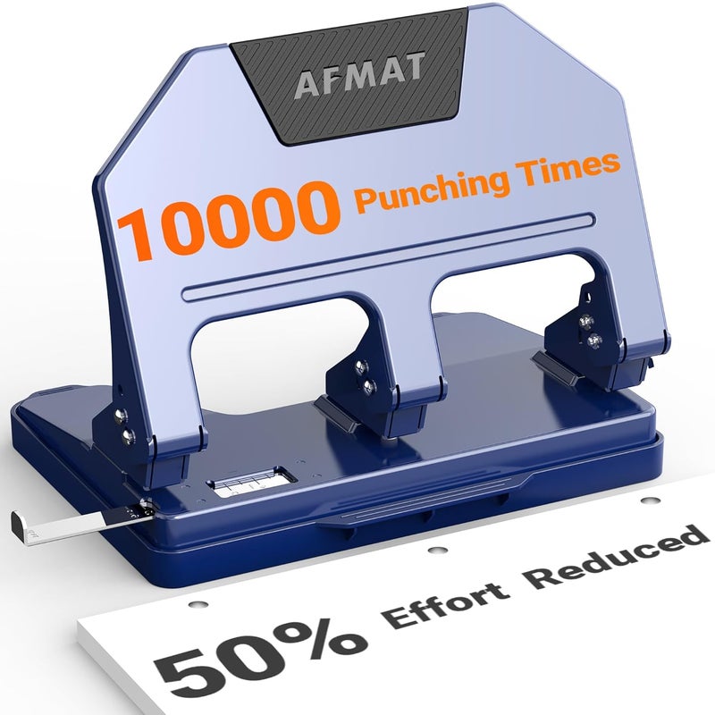AFMAT 3 Hole Punch, 9/32" Holes, 40-Sheet 3 Hole Puncher for Binder, 50% Reduced Effort, Metal Heavy Duty Three Hole Punch w/ 10,000+ Uses, Bulit-in S.S. Paper Guide, Large Chip Tray, Blue, HPX3 - Image 1
